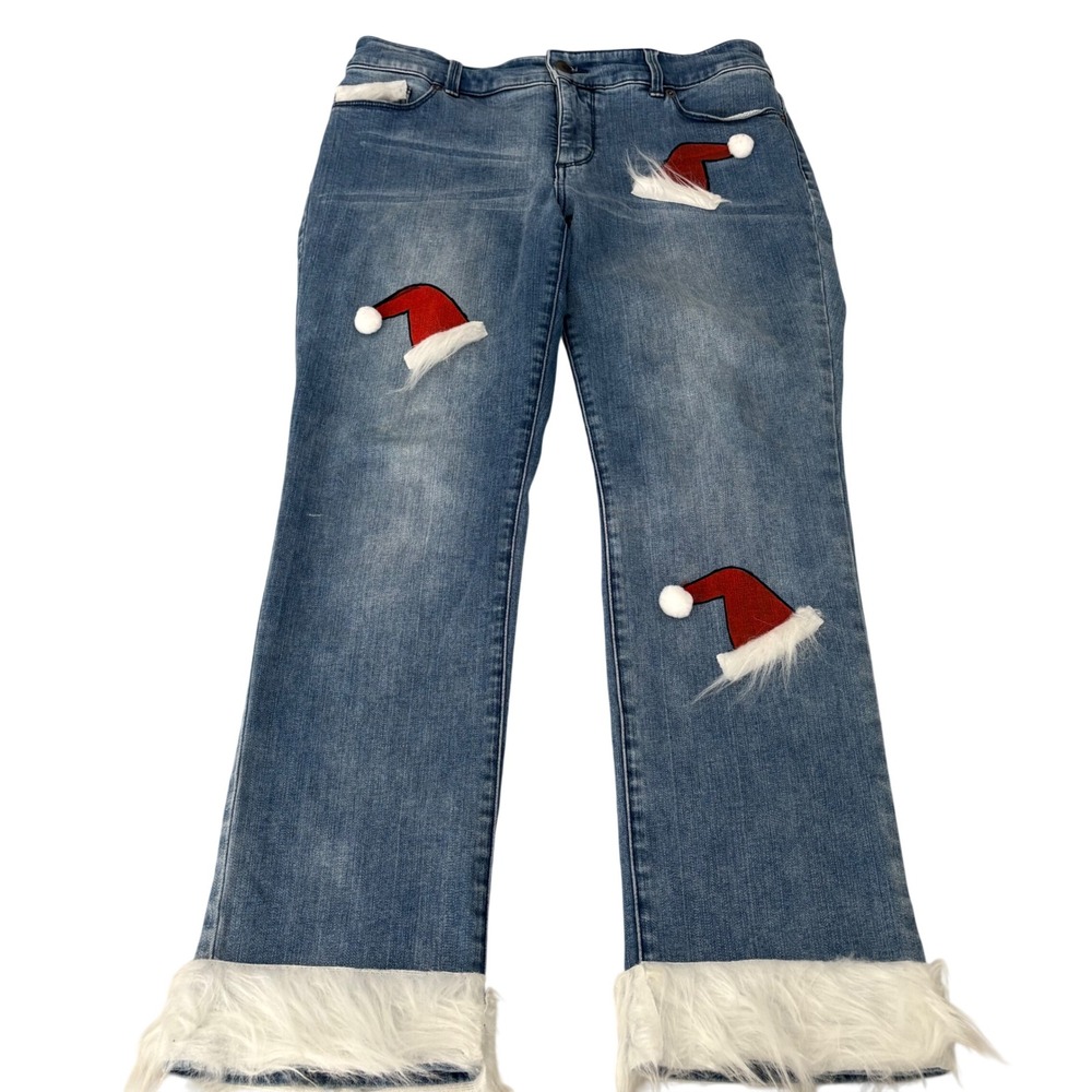 Chicos So Slimming Christmas Santa Hat Faux Fur Trim Jeans Blue 1.5 Short